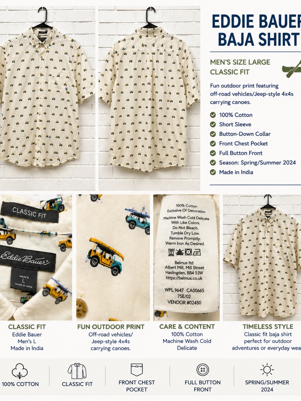 Eddie Bauer Cream Short-Sleeve ButtonDown Shirt with OffRoad Vehicle/ Baja print